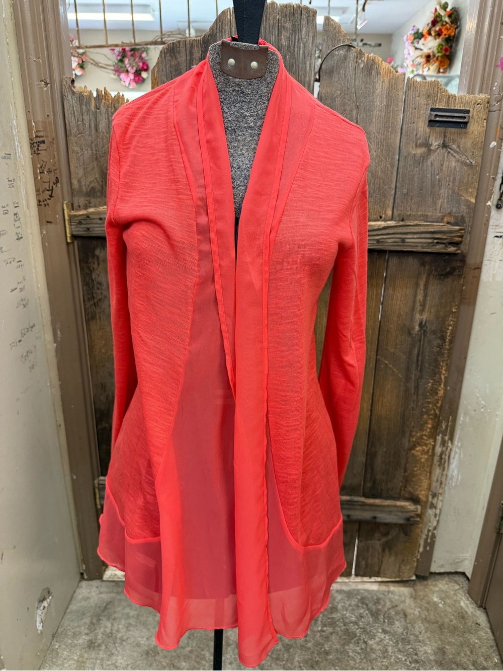 Metaphor Coral Open-Front Sheer-Trim Cardigan